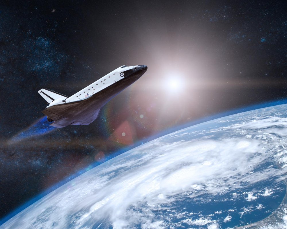Transbordador espacial saliendo de la órbita terrestre, ilustrando la trayectoria de Lunar Agency