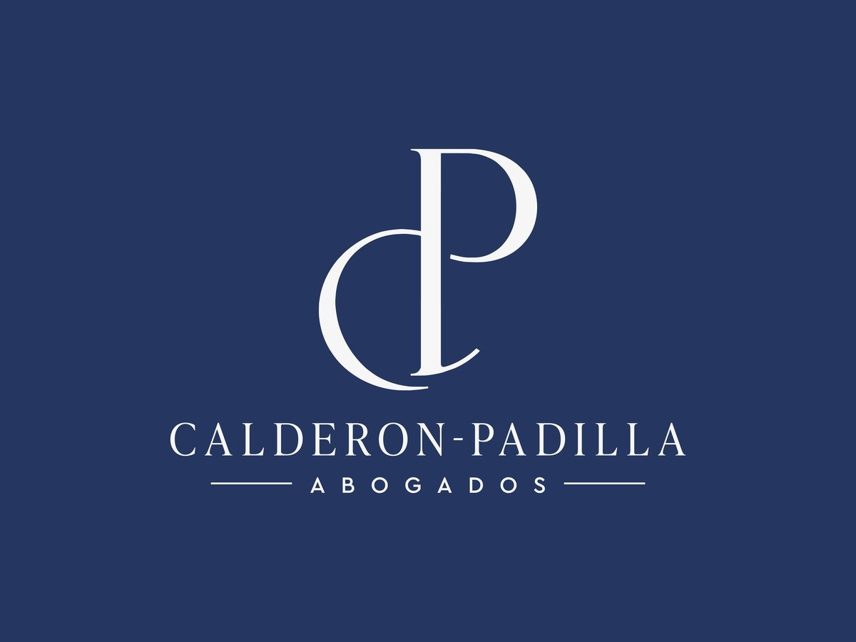 Logotipo de Calderón Padilla Abogados en blanco sobre azul